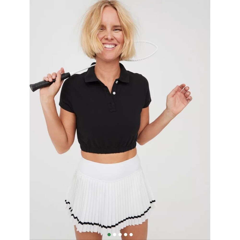 Aerie Offline Courtside Bubble Hem Black Cropped Polo Tee Shirt Size XS